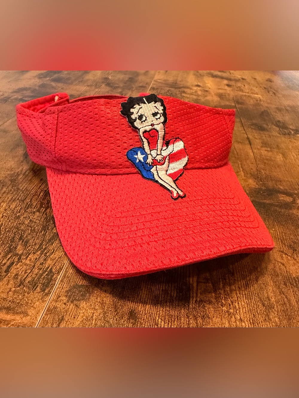 Vintage Y2K Adjustable Betty Boop Embroidered Sun Visor Hat Puerto Rico Flag Red